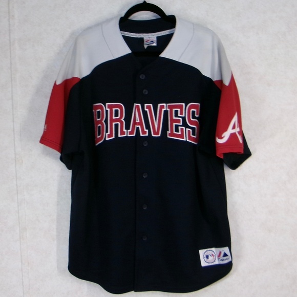 EC Majestic Genuine Merch Atlanta Braves RedWhiteBlue MLB Retro90’s Jersey SzXXL - Picture 1 of 6